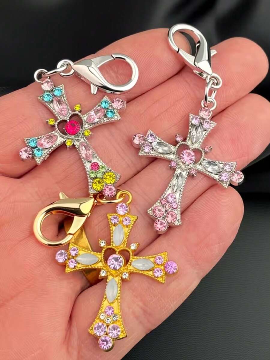 1pc/3pcs Elegant Crystal Cross Keychain, Metal Material, Suitable For Keys, Earphones, Bag Charms, Daily Wear Cross Pendant, Holiday Gift - Multicolor - View 1