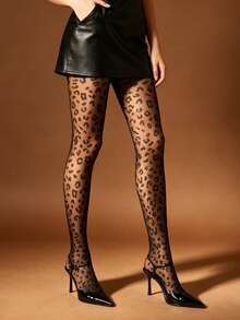 1 Pair Black Sheer Tights With Leopard Print Flattering Fit Sexy Cute Fashionable Chic For Daily Date Spring Fall Party - Multicolor - View 9