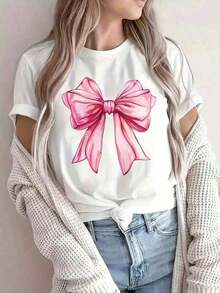 Cute Blouses Women's 1-Piece T-Shirt With Pink Bow Print - Casual Short-Sleeved T-Shirt, Round Neck, Soft And Stretchy, Breathable For Spring And Summer, Machine Washable, Ladies' T-Shirt, Relaxed Fit, Non-See-Through Fabric, 180g 100% Cotton, Prints Are Fully Printed. Unisex. 100% Cotton Casual Blouses For Women - 白色的 - 查看 7
