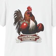 Casual Women's White Cotton Short Sleeve T-Shirt with Rooster Boxer 'Featherweight Champion' Graphic Print and Round Neck - Blanco - Ver 1