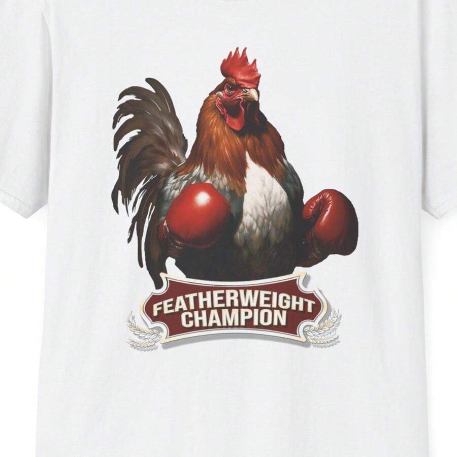 Casual Women's White Cotton Short Sleeve T-Shirt with Rooster Boxer 'Featherweight Champion' Graphic Print and Round Neck - Blanco - Ver 1