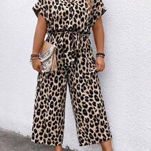 Plus Size Floral Print Button-Down Belted Short Sleeve Jumpsuit, Summer - Café integral - Ver 8