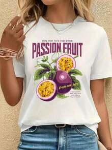 Camiseta Clásica de Estilo Retro con Gráfico de Maracuyá Tropical para Amantes de la Fruta, Cuello Redondo Casual, Manga Corta, Top de Verano Más Vendido - Blanco - Ver 7