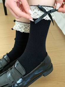 1 Pair/2 Pairs Black Lace Bow Ruffle Mid-Calf Socks, Sweet Short Socks, Spring/Summer Style For Women - Multicolor - View 3