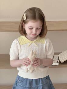 White Sweet Spring/Summer Casual Knit Sweater, Bow Design, Yellow Collar Design, Contrast Ruffle Collar Knit Sweater, Comfortable Versatile Daily Top, Suitable For Young Girls Back To School Season And More, Young Girl Round Neck Short Sleeve Sweater - White - View 8