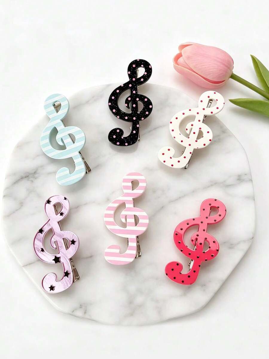 3-6 Stück Damen Haarspangen mit Polka Dots & Musiknoten, süße Mädchen-Stil Pony-Clips, gestreifte Enten-Haarklammer, modische Haaraccessoires, geeignet als Geschenke, Haarkrallen, Haarspangen - Verschiedenfarbig - Übersicht 1