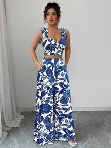 Top de tirantes con nudo y pantalones de pierna recta con estampado azul y blanco bohemio, conjunto de 2 piezas para vacaciones - Azul y blanco - Ver 7