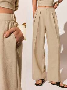 Conjunto de pantalones de cintura alta de verano, pantalones de pierna ancha con cintura alta y pliegues, pantalones sueltos y de pierna larga - Caqui 2 - Ver 7