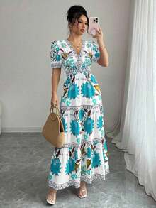 YHHElenzga Vestido largo con escote en V, manga abultada y estampado floral para vacaciones de mujerYHH - Multicolor 7 - Ver 4