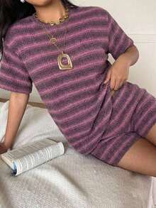 Conjunto de camiseta de manga corta y pantalones cortos de punto a rayas para mujer de estilo casual - Rosa 2 - Ver 4