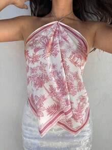 Blusa de mujer elegante con cuello de halter, estampado de tinte anudado y gasa para vacaciones en la playa - Rosa vieja - Ver 6