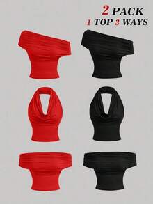 Set de 2 blusas casuales de unicolor de ajuste ceñido que se pueden usar de 3 maneras diferentes para mujeres - Rojo - Ver 10