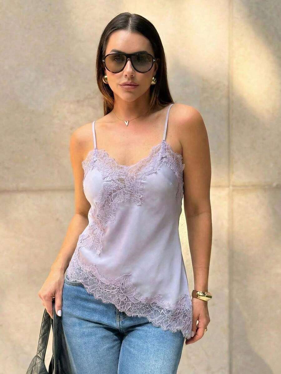 Camiseta sin mangas asimétrica de encaje con contraste de unicolor para mujer, elegante y holgada, top casual de verano - Púrpura malva - Ver 1