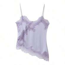 Camiseta sin mangas asimétrica de encaje con contraste de unicolor para mujer, elegante y holgada, top casual de verano - Púrpura malva - Ver 2