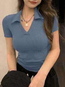 Camiseta polo de manga corta de ajuste ceñido para mujer, unicolor de verano - Azul - Ver 6
