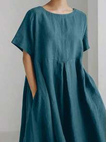 Vestido de lino suelto, casual, elegante y cómodo para mujer.Vestido largo suelto de manga corta, con bolsillo, cuello redondo y unicolor.Ajuste relajado para el verano - Energía azul - Ver 3