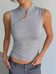 de estilo chino retro con cuello de cheongsam para mujer, top negro casual, top de pullover adecuado para vacaciones, fiestas, elegante para mujer, uso diario casual.Top negro sin mangas de cuello alto, top negro de verano - Gris Claro - Ver 4