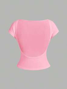 4 piezas Camisetas de mujer de cuello redondo, ajustadas, con espalda descubierta y diseño minimalista de patrones, adecuadas para el verano - Multicolor 5 - Ver 10