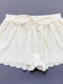 Conjunto de bikini de 3 piezas con parte superior de atar al cuello, estampado de lunares y shorts, con volantes, para mujer, para playa de verano - Blanco - Ver 4
