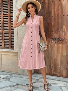 Faunlyn Vestido de mujer de manga corta con cuello redondo y estampado geométrico para el verano - Rosa Pálido - Ver 7