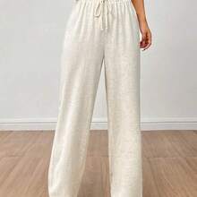 PETITE Solid Drawstring Waist Wide Leg Pants - Negro - Ver 2