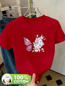 Camiseta Clásica de Manga Corta y Cuello Redondo para Mujer,% Algodón, para Primavera, Verano y Otoño - Ropa Deportiva Casual Transpirable, Blusa Básica para Uso Diario y Ocio, Camiseta de Verano - Rojo - Ver 7