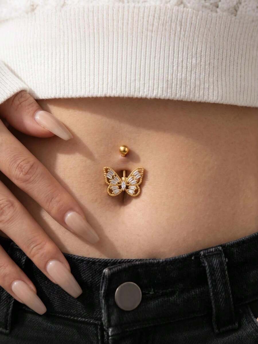 1 chiếc khuyên rốn bằng thép không gỉ, hình bướm rỗng, đính đá Zirconia, không gây dị ứng, trang sức cơ thể cho bãi biển, kỳ nghỉ, tiệc tùng, các dịp đặc biệt.