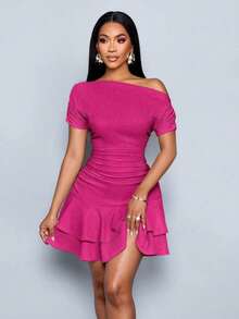 Vestido mini con mangas largas, cuello asimétrico, doble volante y pliegues en color albaricoque elegante para fiesta y día en tejido de punto - Rosa Fucsia - Ver 4