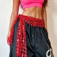 1pc New Sequin Hollow Waist Accessory, Tassel Waist Belt, American Style Mini Hip Scarf, Suitable For Belly Dance And Jazz Dance Waist Belt, Shiny Multi-Layer Tassel Skirt Hem, Applicable For Stage Performance, Nightclub, Disco, Party, Evening Dress Decoration - Multicolor - View 3