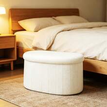 Plush Storage Ottoman Stool 70cm Foldable Pouf Seat with Hidden Storage Soft Fabric Bench Cream /White - 白色 - 查看 12