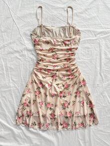 Vestido mini de línea A con tirantes de espagueti rosa y romántico Ditsy Floral para mujer, adecuado para fiesta, cita, San Valentín, Pascua, carnaval, crucero por la playa, Afternoon vestido de moda para té, primavera/verano - Albaricoque - Ver 2