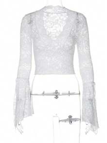 Lace Blouse With Deep Neckline, Long Fitted Sleeves - White - View 5