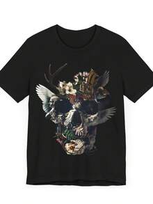 Unisex T-shirt med blommigt dödskallemönster: Gotisk konst Unisex T-shirts för män, herr-T-shirts, herrkläder, herrset, herr-T-shirt, herrartiklar, vardagsklänningar för kvinnor, damset, eleganta blusar, dam-T-shirts, damklänning - Svart - Visa 6