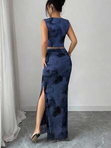 Raffinéa Vestido ajustado de mujer con abertura, de malla con efecto tie-dye degradado sin mangas, conjunto de 2 piezas - Azul marino - Ver 2
