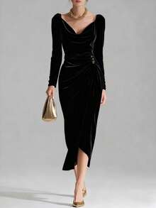 New Women's Long Dress, Made Of Shiny Velvet, Casual And Sexy Style, Long Sleeves, Pleated, Side Slit, Mermaid Cut, Flattering Design, Perfect For Parties And Special Nights - 黑色 - 查看 2