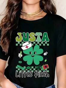 Cute Vintage Nurse T-Shirt With Shamrock, St. Patrick's Day "Just A Little Touch" T-Shirt For Women And Girls, Fun Festive Costume, TopFashion - 黑色 - 查看 6