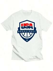 1 Piece Of USA Basketball Jersey, White Round Neck T-Shirt, Casual Cotton T-Shirt For Daily Wear, Lightweight Summer T-Shirt, 180g 100% Cotton. - 白色 - 查看 12