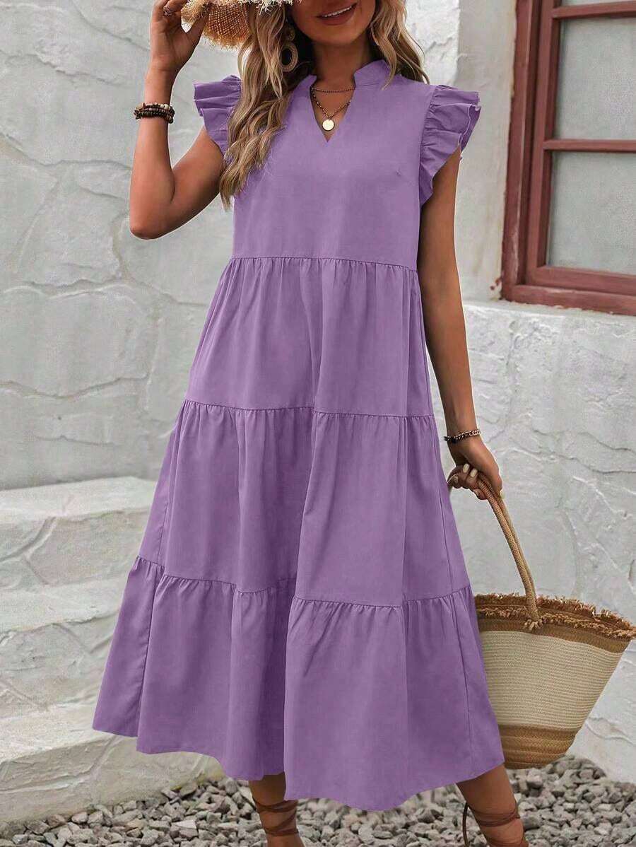 Vestido de esmoquin con cuello en pico y ribete de volantes para ropa de Año Nuevo, vestidos largos para vacaciones y atuendos de playa para mujeres - Morado - Ver 1