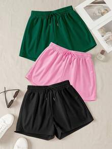 3 piezas Pantalones cortos deportivos casuales de cintura elástica y cordón de unicolor - Multicolor - Ver 6