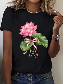 Women's T-Shirt - Soft And Breathable Black T-Shirt, Suitable For Everyday And Formal Wear - Casual Loose Fit T-Shirt, Summer Wear, Printed T-Shirt, Durable Construction, Short Sleeve T-Shirt, Women's T-Shirt. - 黑色 - 查看 1