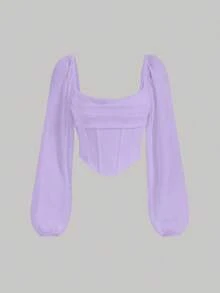 Top asimétrico corto con manga tipo lámpara, busto fruncido y dobladillo en pañuelo púrpura - Morado - Ver 1