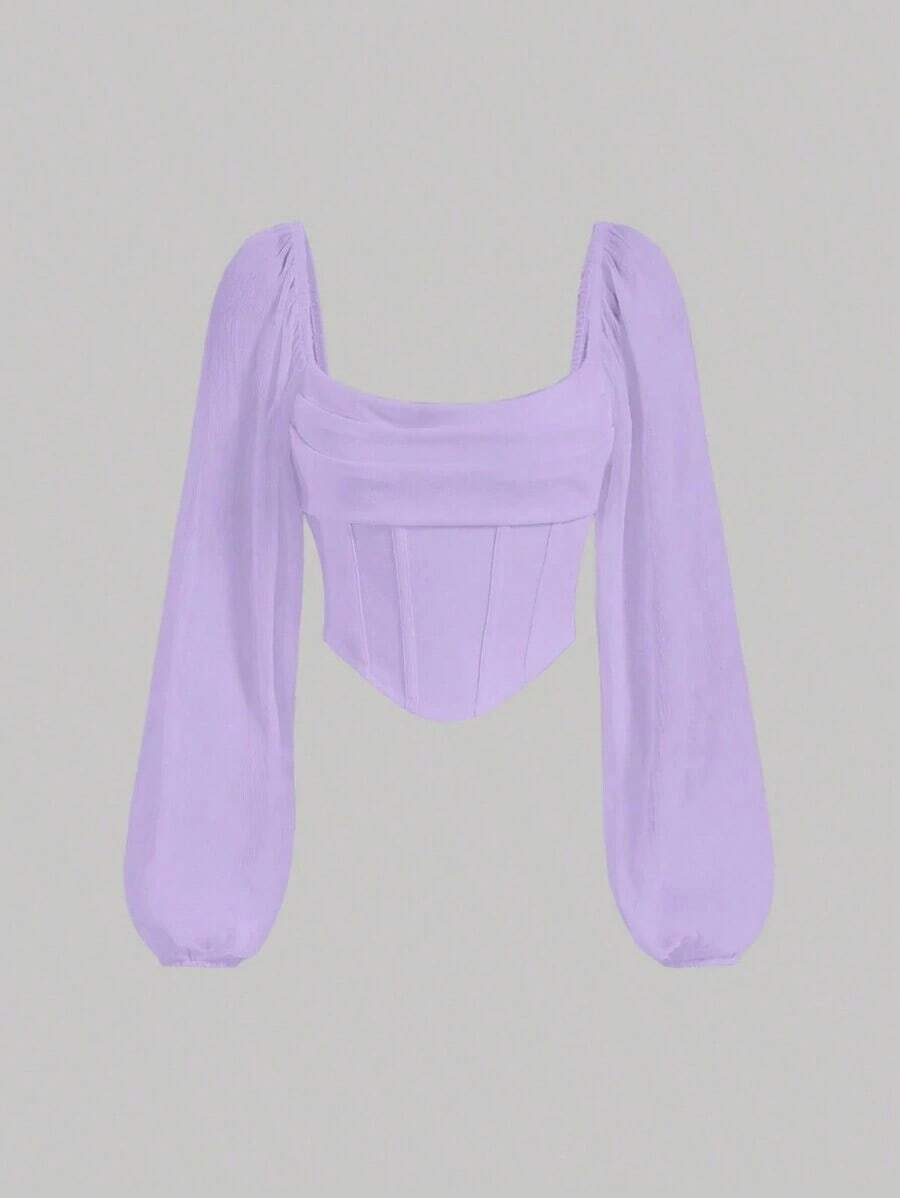 Top asimétrico corto con manga tipo lámpara, busto fruncido y dobladillo en pañuelo púrpura - Morado - Ver 1