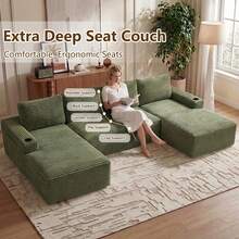 133.4'' U-Shape Modular Cloud Corduroy Sofa Sectional Couch For Living Room Boneless Couch With Cup Holders & Storage Pockets No Assembly Needed,Boneless Sectional Couch Loveseat Couch Vacuum-Sealed Compression Sofa - Màu xanh lá cây, hình chữ U, dài 133,4 inch. - Xem 6