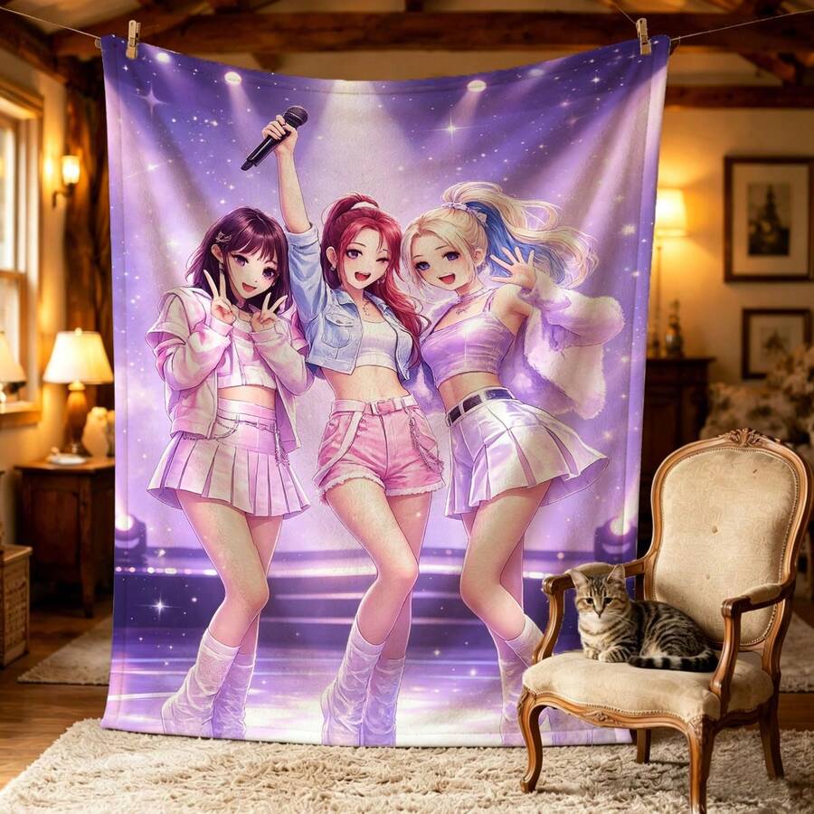 1件舞台星光K-POP女團印花法蘭絨毯,柔軟親膚保暖,輕便空調毯午睡毯,可用作床單、野餐毯、車用毯、露營毯 - 彩色 - 查看 1