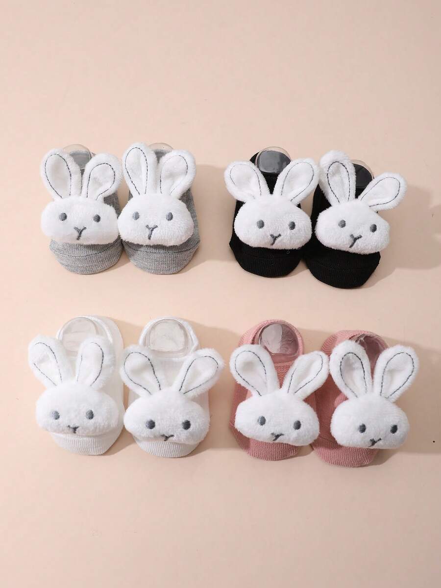 4 Paar süße Baby Mädchen 3D Hasen Dekor Knöchelsocken, rutschfeste Griff Socken geeignet für den täglichen Gebrauch - Verschiedenfarbig - Übersicht 1