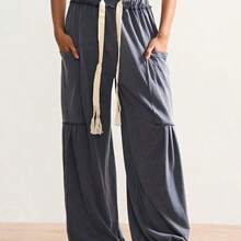 BohoFeels Plus Size Drawstring Waist Loose Pocket Wide Leg Pants - Verde militar - Ver 3