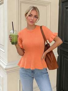 Blusa de punto con volantes en el bajo, de manga corta y color naranja, elegante y casual, adecuada para el uso diario y el transporte, ropa casual de verano para mujer - Naranja Coral - Ver 6