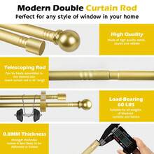 Adjustable 30-146 Inch Double Curtain Rod Set, Metal Extendable Dual Layer Curtain Rod Kit, Suitable For Various Windows, Includes Rod Brackets. Small Extended Size, 5/8 Inch Diameter. Ideal For Blackout Curtains In Bathroom, Bedroom And Living Room (Gold) - American Parallel Bars - View 7