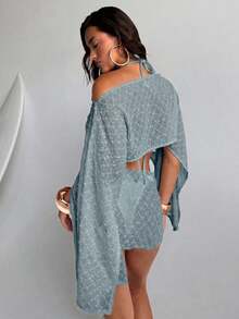Conjunto de 2 piezas de mujer para primavera/verano con textura de jacquard, blusa tipo chal y minifalda de estilo envolvente, ropa de playa/resort para mujer - Azul - Ver 2