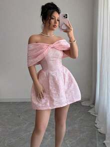 Minifalda de mujer con cuello con lazo y tela de jacquard para primavera/verano con hombros descubiertos - Rosa - Ver 5